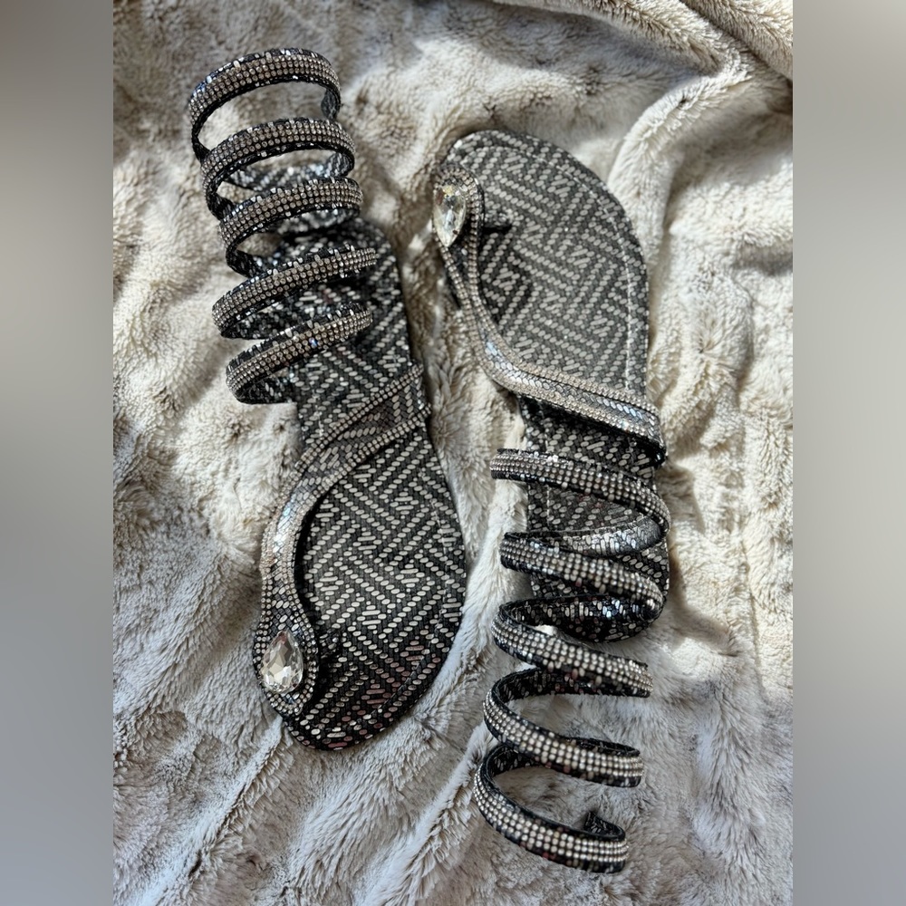NEW! Silver Snake Wrap Corkscrew Gladiator Sandals in Silver & Slate Gray 6